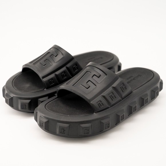 size 40-41 Balmain Black Ari Rubber Slip On Slides Sandal Embossed Logo - Picture 1 of 11